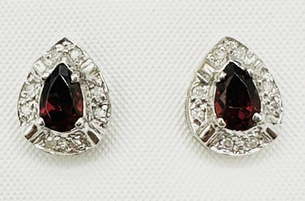 Natural Diamond and Garnet Earrings,14KT White Gold # 2455