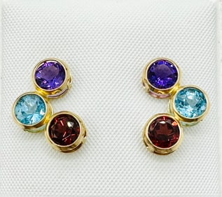 Pair of 14KT Yellow Gold multi Color Stone Earrings # 2494