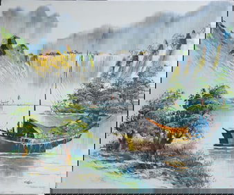 Boat By The Waterfall Oil Painting on Canvas