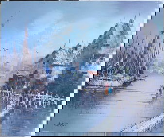 City Harbor Scene Oil Painting on Canvas