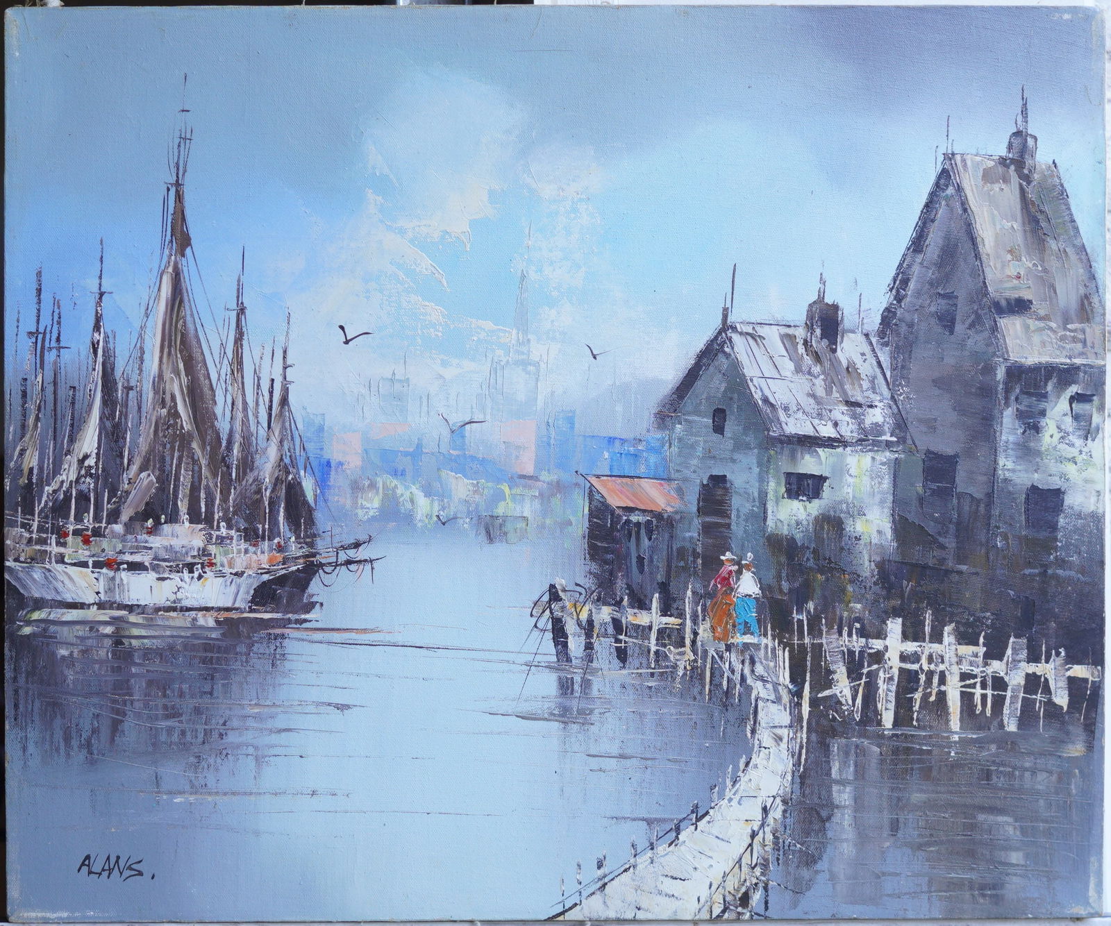 City Harbor Scene Oil Painting on Canvas (1 of 8)