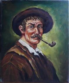 Portrait of Man With Pipe Oil Painting on Canvas