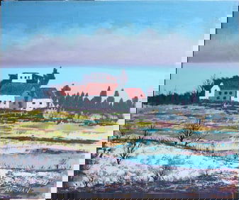 Crimson Roofs in Winter Glow Oil on Canvas Painting