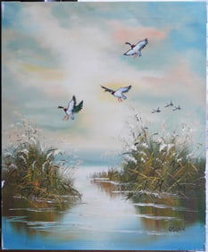 Ducks Over Pond Oil on Canvas Painting