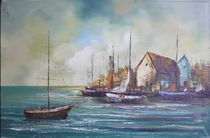 Ship By The Harbor Oil on Canvas Painting