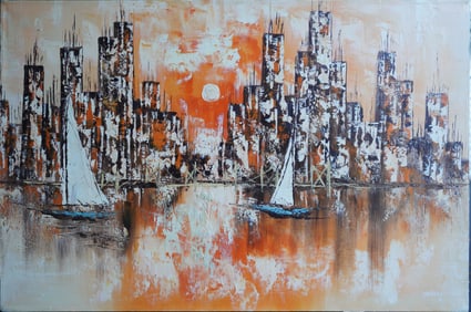 Sunset over The Harbor Oil on Canvas Painting