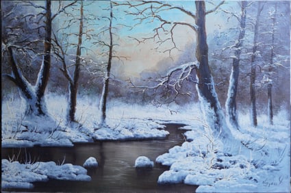 Winter Pond Oil on Canvas Painting
