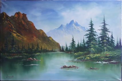 Mountain Landscape WIth Lake Oil on Canvas Painting