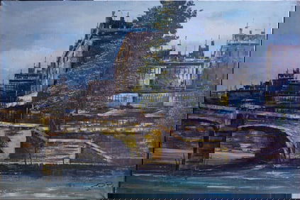 City Street Scene Oil on Canvas Painting