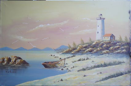 Winter Shore Scene Oil on Canvas Painting