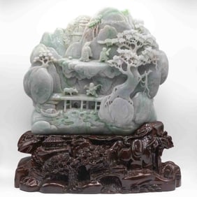Large Monumental Chinese Hand-Carved Natural Jadeite Scholar Landscape Figure