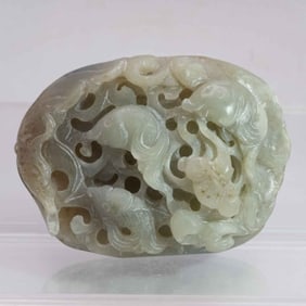 Old Chinese Carved Translucent Nephrite Green Jade Reticulated Koi Fish Landscape Figure