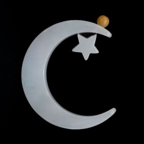 Chinese Carved Natural White Jadeite Star And Moon Pendant