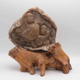 Old Chinese Carved Natural Agate Hehe ErXian Sculpture With Base
