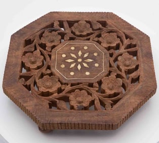 Vintage Hand Carved Wood Trivet India