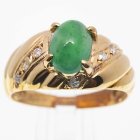 14K Gold And Diamond Natural Cabochon Icy Jadeite Ring