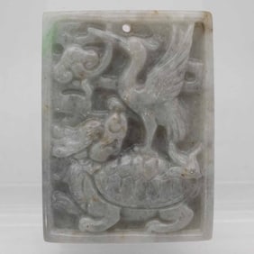 Chinese Carved Natural White Jadeite Crane And Xuanwu Pendant