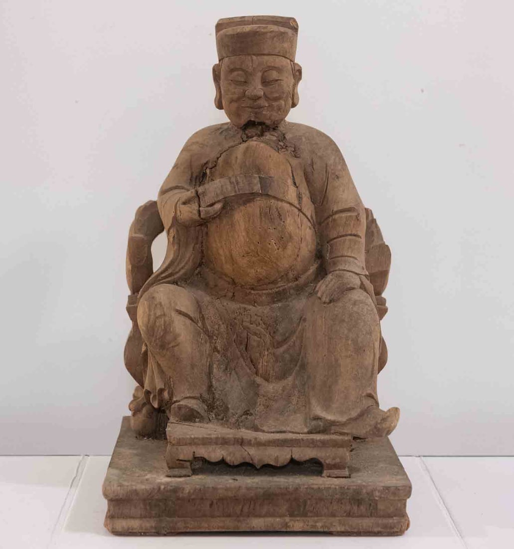 Antique Chinese 15th Century Carved Yellow Peking Glass Temple Deity Figure: Medium: Wood Size: 15.5x9x8.5 inches Age/Detail: Antique Chinese 15th Century Carved Condition: broken part, great overall, check photo for condition reference. Provenance: Collection from Estate in T