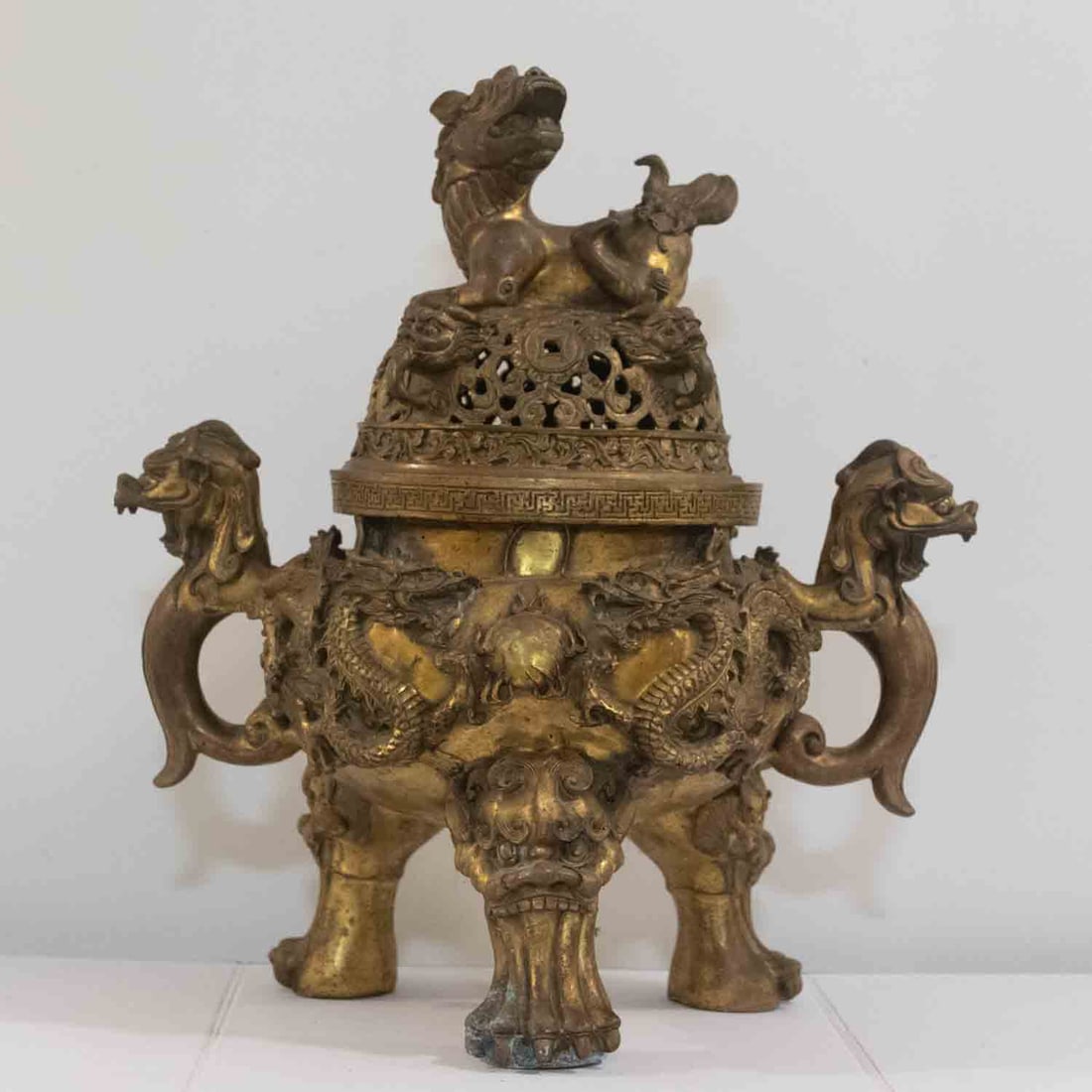 Large Old Chinese Brass Tri-Foot Incense Burner (1 of 10)