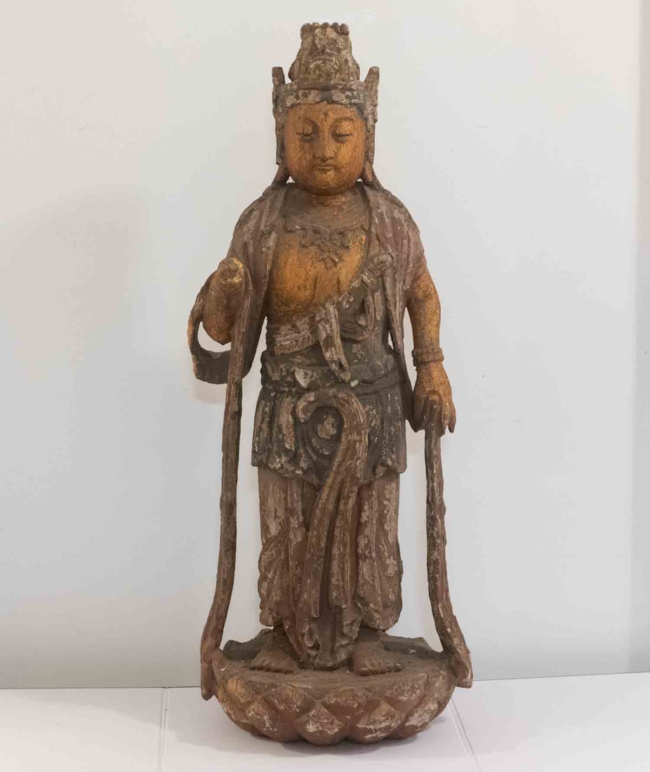 Antique Chinese Carved Wood Large Guanyin Sculpture: Medium: Wood Size: 28x11x9 inches Age/Detail: Antique Chinese Carved Condition: great overall, check photo for condition reference. Provenance: Collection from Estate in Tribecca LiveShipping is NOT a
