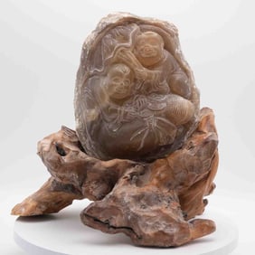 Old Chinese Hand Carved Agate Hehe ErXian Gods Sculpture