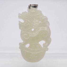 Chinese Carved Natural Icy Jadeite Mythical Beast Pendant