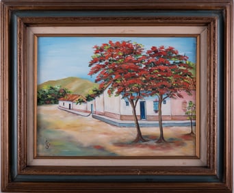 Vintage Impressionist Oil On Board "Red Trees"