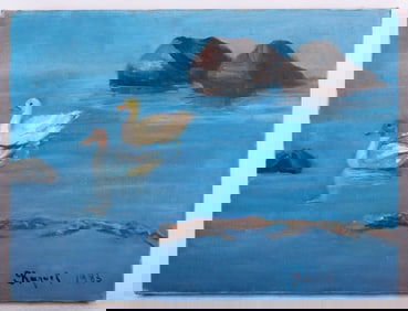 Vintage Modernist Oil On Canvas "Ducks On Water"