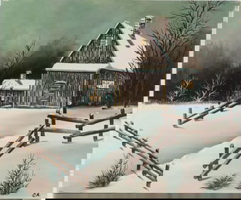 Vintage Scenic Oil On Canvas "House With Snow"