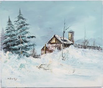 Vintage Scenic Oil On Canvas "House With Trees"