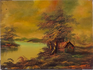 Vintage Scenic Oil On Canvas "River In Autumn"