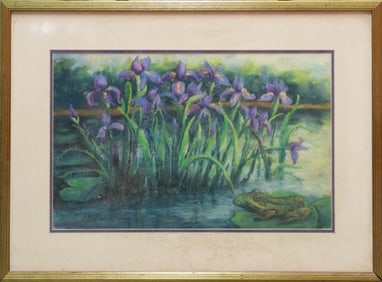 Vintage Impressionist Pastel On Paper "Iris And Frog"