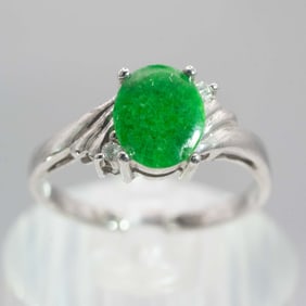 10k White Gold Natural Green Jade Ring