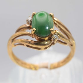 14k Gold Natural Icy Green Jade Ring