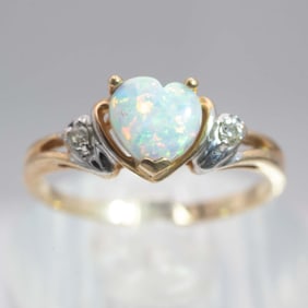 10K Ring Heart Opal And Diamond Ring