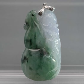 14k White Gold Latch Natural Icy Nephrite Jade Gourd and Phoenix Pendant