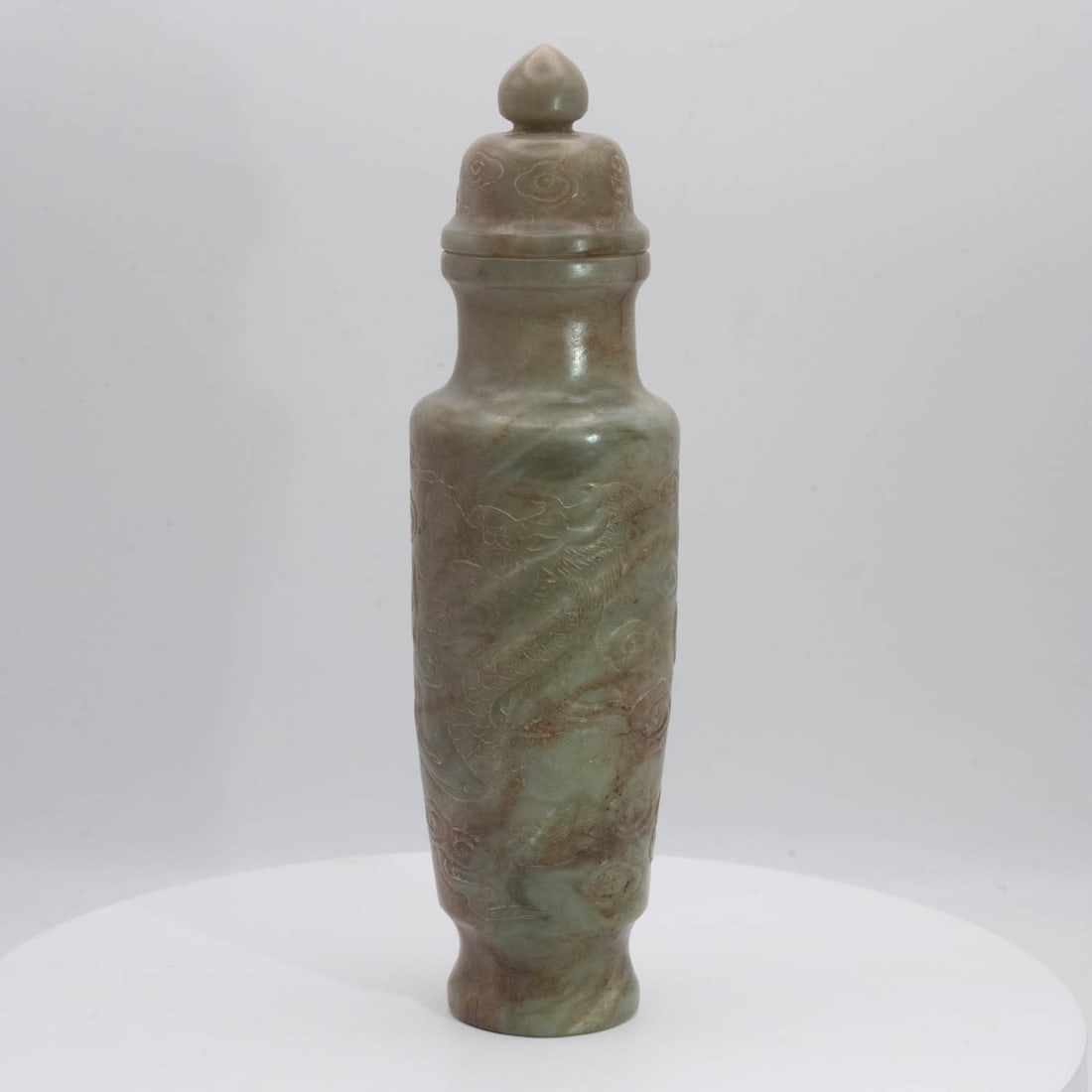 Old Chinese Carved Jade Perfume Bottle: Medium: Jade Size: 2.2x2.2x7.8 inches Age/Detail: Old Chinese Carved Condition: great overall, check photo for condition reference. Provenance: Collection from Estate in Williamsburg LiveShipping is N