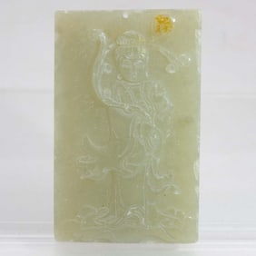 Old Chinese Carved Translucent Nephrite Green Jade Guayin Pendant