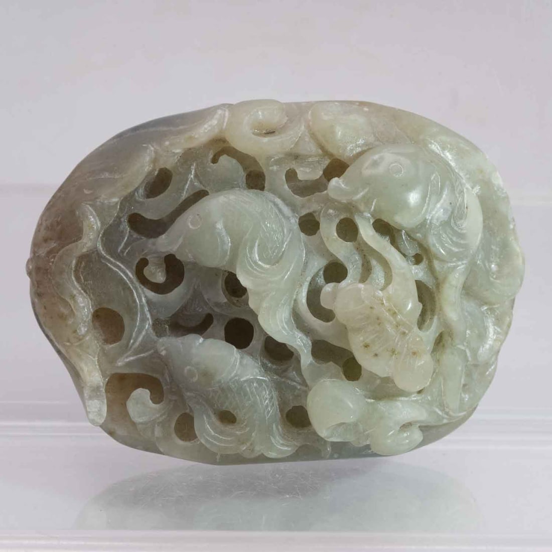 Old Chinese Carved Translucent Nephrite Green Jade Reticulated Koi Fish Landscape Figure: Medium: Translucent Nephrite Green Jade Size: 3.5x2.5x1.3 inches Age/Detail: Old Chinese Carved Condition: great overall, check photo for condition reference. Provenance: Collection from Estate in Wil