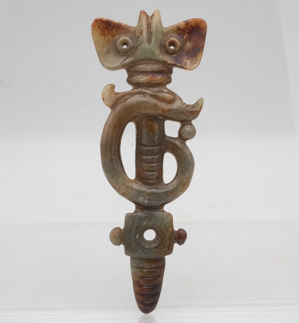 Old Chinese Hongshan Culture Jade Religious Amulet: Medium: Jade Size: 5.8x2.3x0.5 inches Age/Detail: Old Chinese Hongshan Culture Condition: great overall, check photo for condition reference. Provenance: Collection from Estate in Tribecca LiveShippin