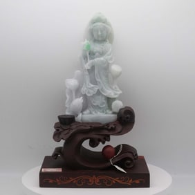 Chinese Carved Natural Burmese Jadeite Guanyin Bodhisattva Sculpture