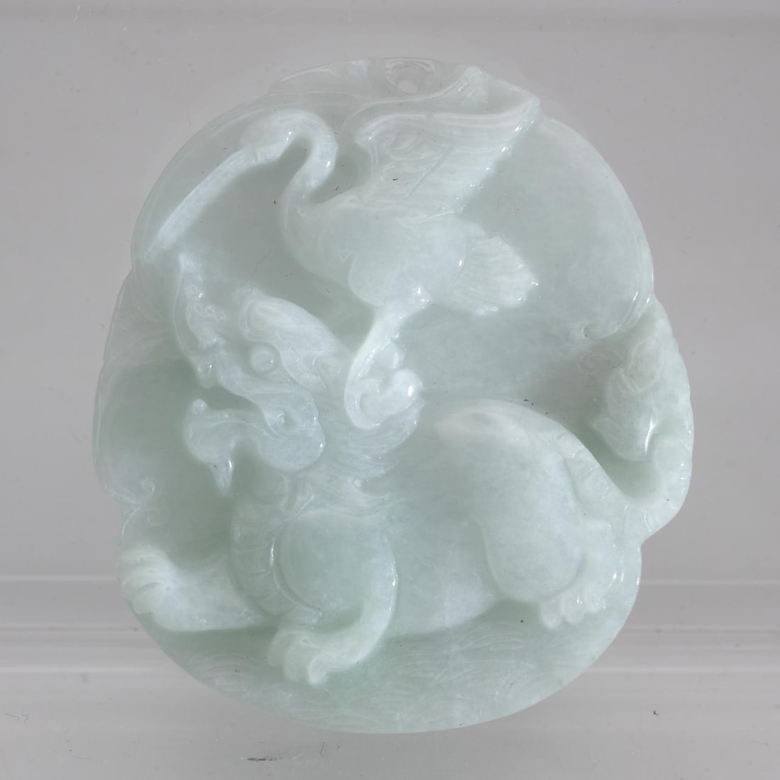 Chinese Carved Jadeite Kirin Crane Pendant: Medium: Jadeite Size: 1.7x2x0.3 inches Age/Detail: Chinese Carved Condition: great overall, check photo for condition reference. Provenance: Collection from Estate in Tribecca LiveShipping is NOT a pa