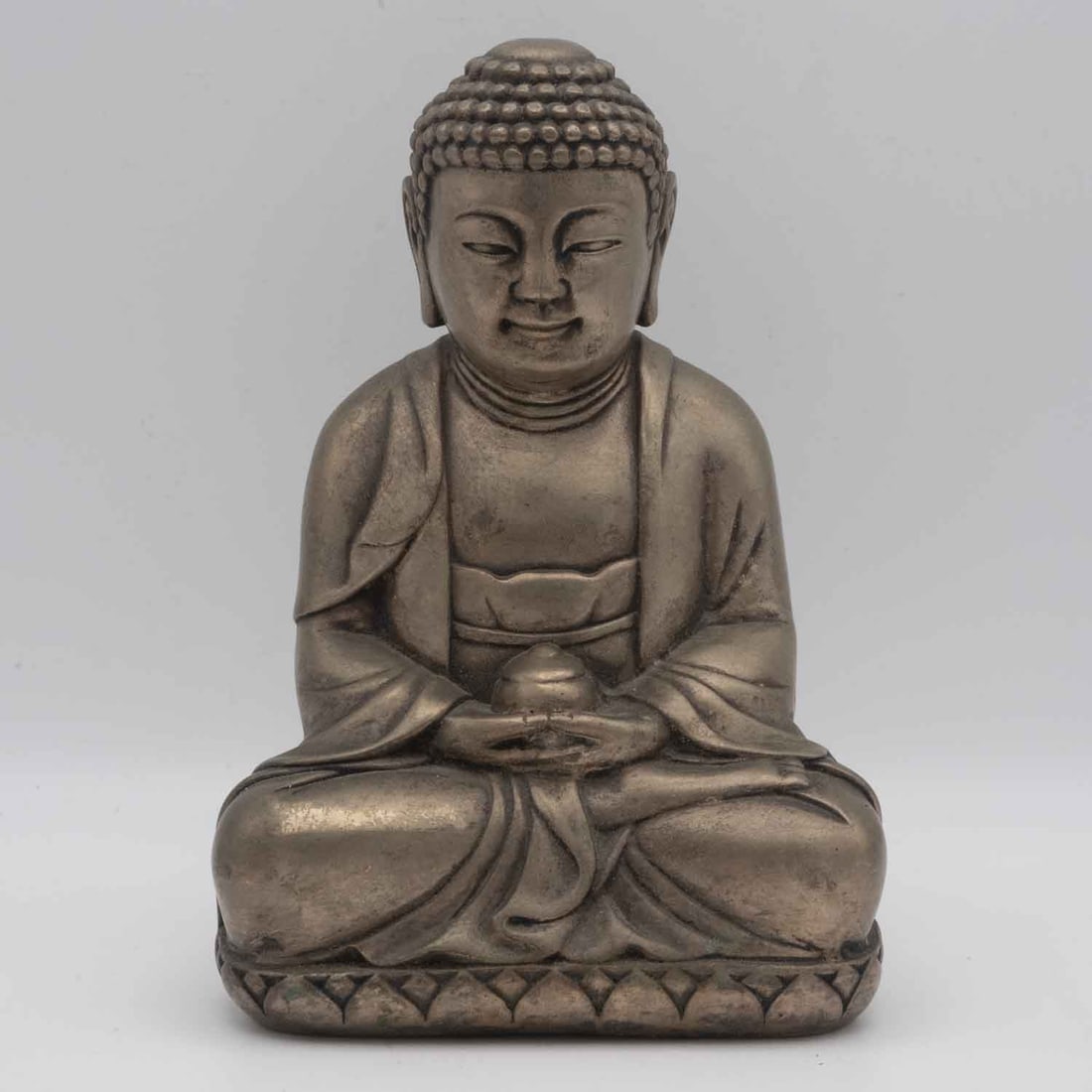 Vintage Chinese Metal Buddha Sculpture: Medium: Metal Size: 6.5x4.5x3.5 inches Age/Detail: Vintage Chinese Condition: Great overall, check photo for reference Provenance: Collection from Estate in Jamaica Please view all the photos as they