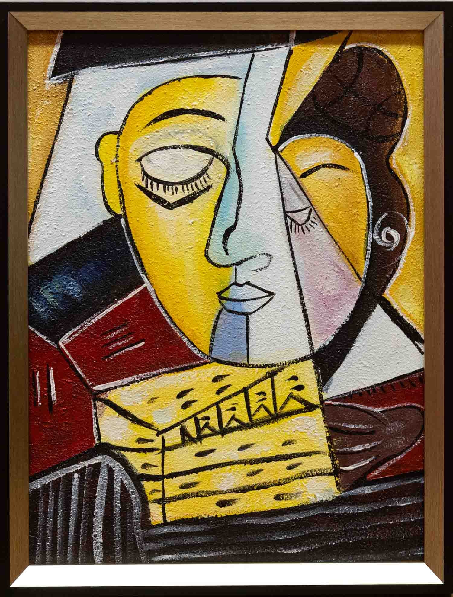 After Picasso Acrylic On Canvas "Book Reader": Title: Book Reader Medium: Acrylic On Canvas Size: 16 x 12 inches Frame: 17 x 13 inches Age: Condition: Great, hand painted, please check photo for condition reference Provenance: Combined shipping ra