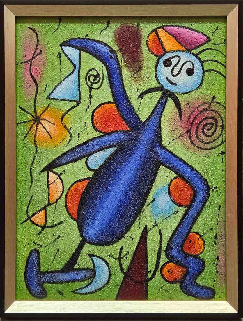 Hand Painted After Joan Miro Acrylic On Canvas "Blue Boy": Title: Blue Boy Medium: Acrylic On Canvas Size: 16 x 12 inches Frame: 17 x 13 inches Age: Hand Painted Condition: Great, hand painted, please check photo for condition reference Provenance: Combined s