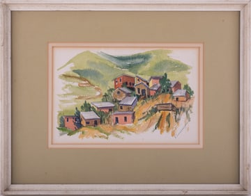 VIntage Modernist Watercolor On Paper "Village Landscape"