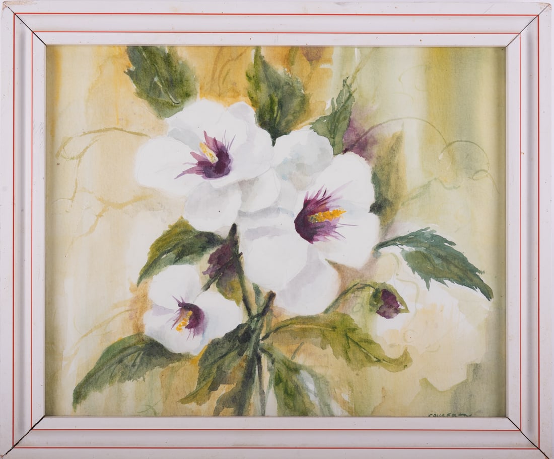 Vintage Impressionist Watercolor On Paper "Trumpet Flower": Title: Trumpet Flower Medium: Watercolor On Paper Size: 15 x 18.5 inches Frame: 18 x 21.5 inches Age: Vintage Condition: Painting is in excellent condition Signature: Signed Artist: Florence Fauser Pr