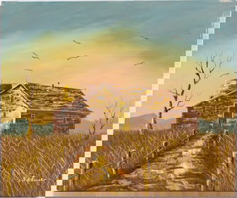 Vintage Scenic Oil On Canvas "House With Field"