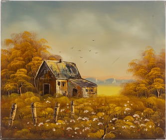 Vintage Scenic Oil On Canvas "House In Autumn"