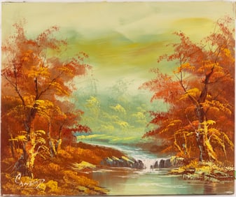 Vintage Scenic Oil On Canvas "Autumn River"